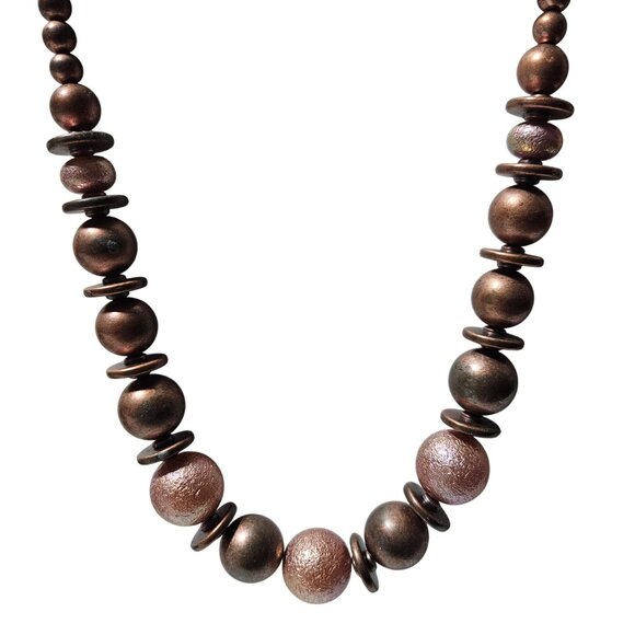 Vintage Elegant Copper Tone Beaded Necklace Textured Metallic Accents Fashion - Picture 1 of 6